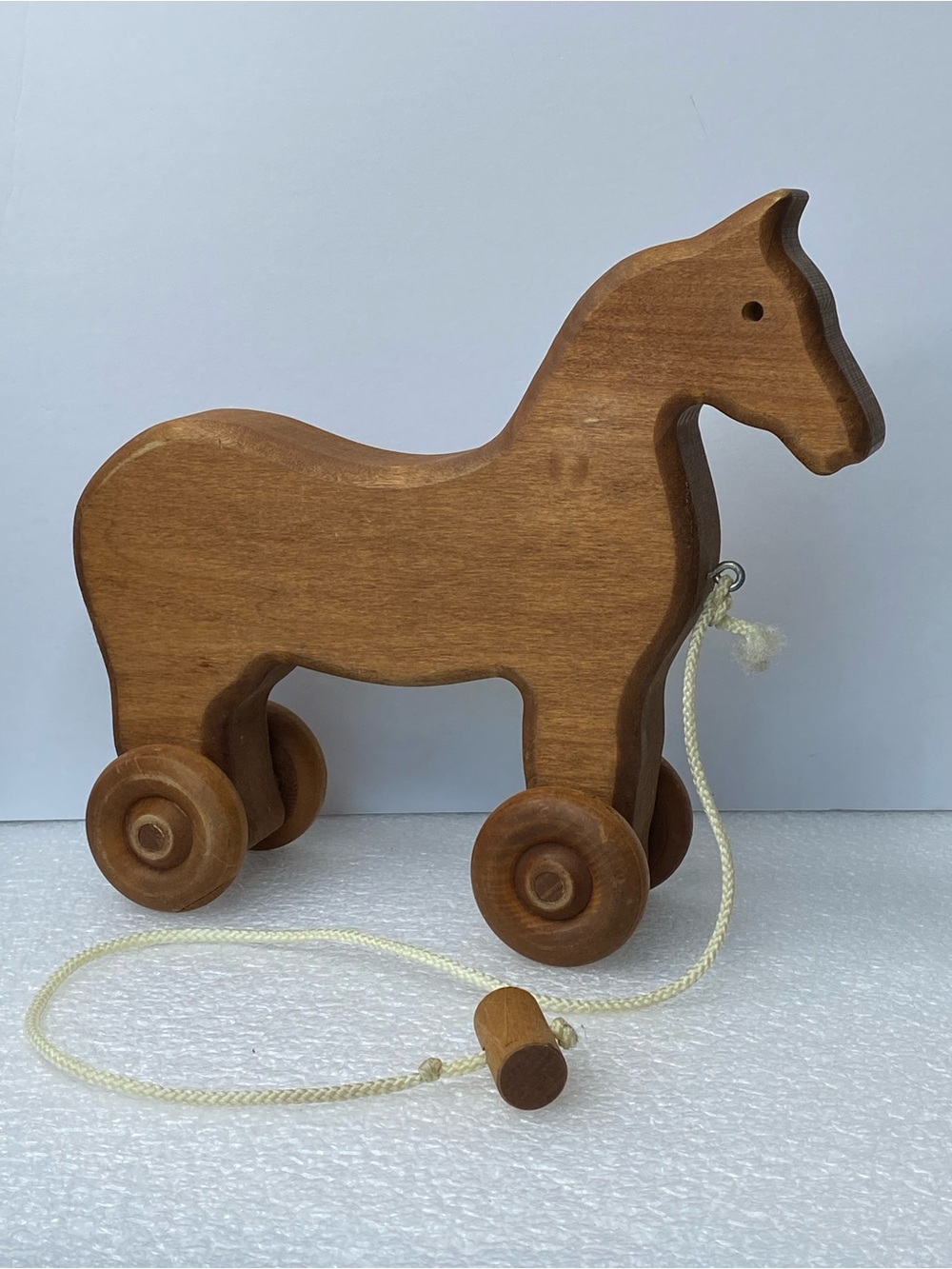 Vintage Handcrafted Wooden Horse Pull Toy On Rolling Wheels Rope Pull String